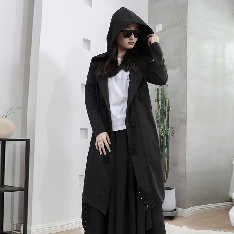 

Spring and Summer New Unisex Black Long Hooded Jacket Large Size Ladies Cardigan Sweater Long Sleeves Loose Street Personality