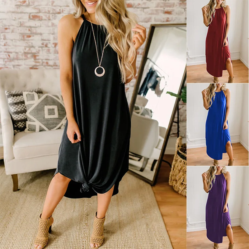 

Women Dress Summer 2021 Casual Sleeveless Retro Halter Solid Beach Long Dress Round Neck Sling Fashion Beach Clothes STQ17