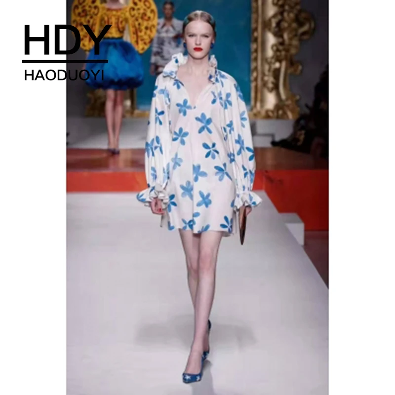 HDY Haoduoyi размера плюс 2020 Весна Новая мода синий цветочный принт стоячий воротник