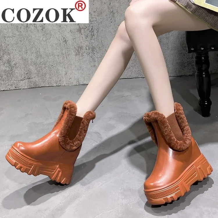 

COZOK Women's Mid-Calf Boots PU Leather Winter Shoes For Woman Hidden Heel Boot Warm Plush Ladies Shoes Women Winter Boots