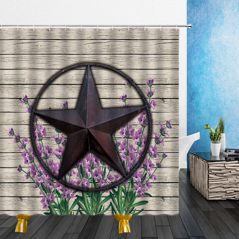 Штора для душа в стиле ретро, водонепроницаемая тканевая декоративная занавеска с крючками для ванной комнаты, с рисунком пятиконечной звезды, деревянная доска, цветы