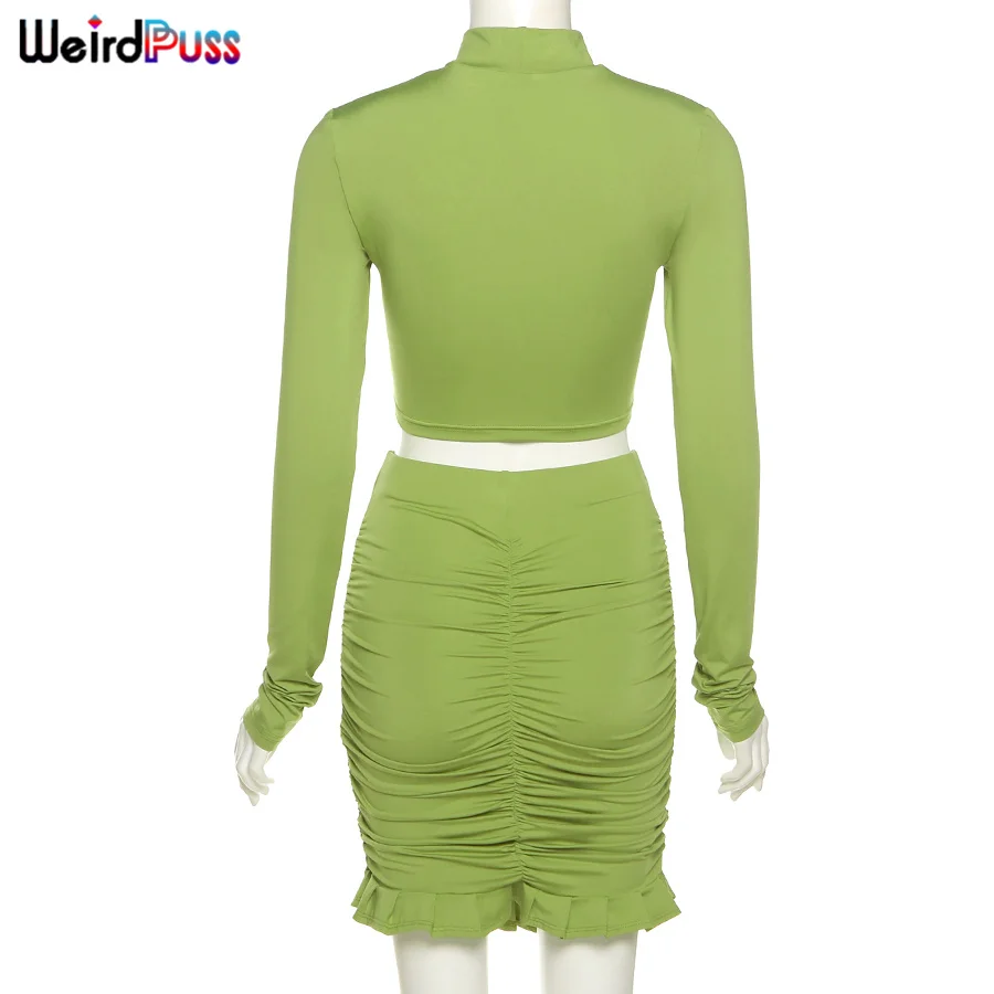 

Weird Puss Autumn Elegant Long Sleeve Turtleneck Matching Suit Crop Top+Ruched Skirt Ruffles 2 Piece Set Casual Street Outfits