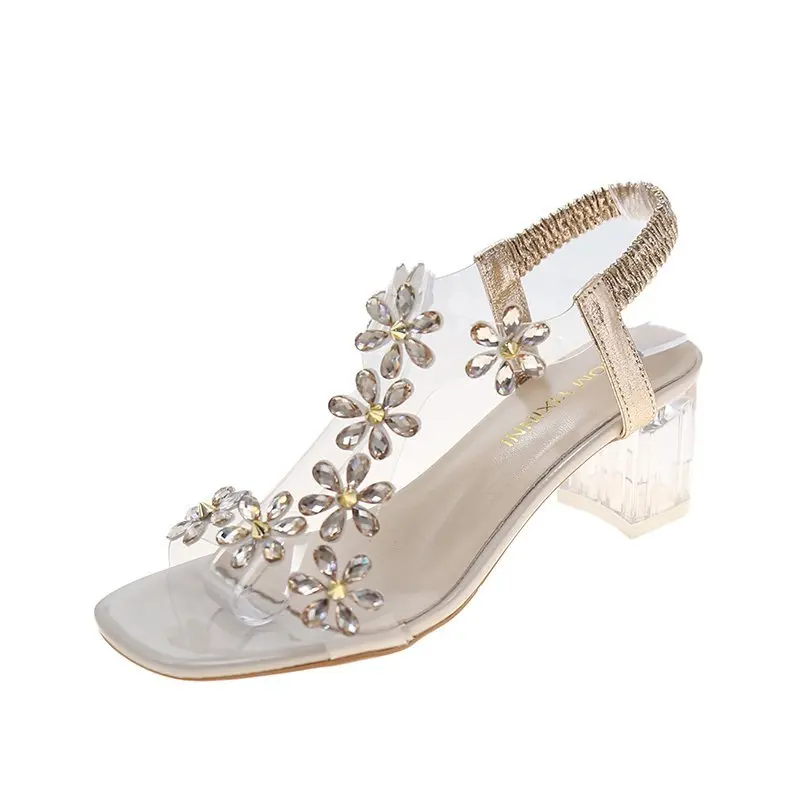 

Sandals Sexy Female Shoe 2021 Women's Block Heels Girls New Beige Fashion Comfort Chunky Clear Plastic Rhinestone Summer High Ba