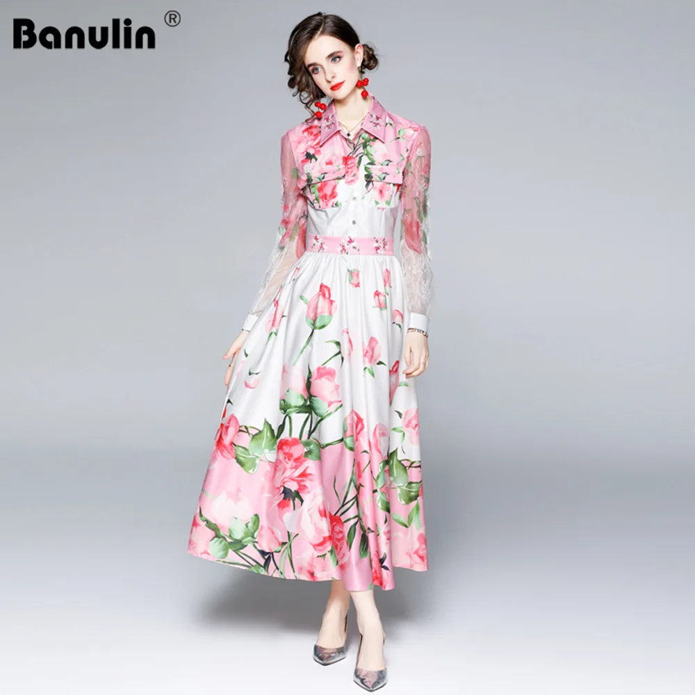 

Banulin Spring Autumn Runway Elegant Pleated Dress Women Lace Splicing Long Sleeve Pink Floral Print Ladies Vintage Long Dress