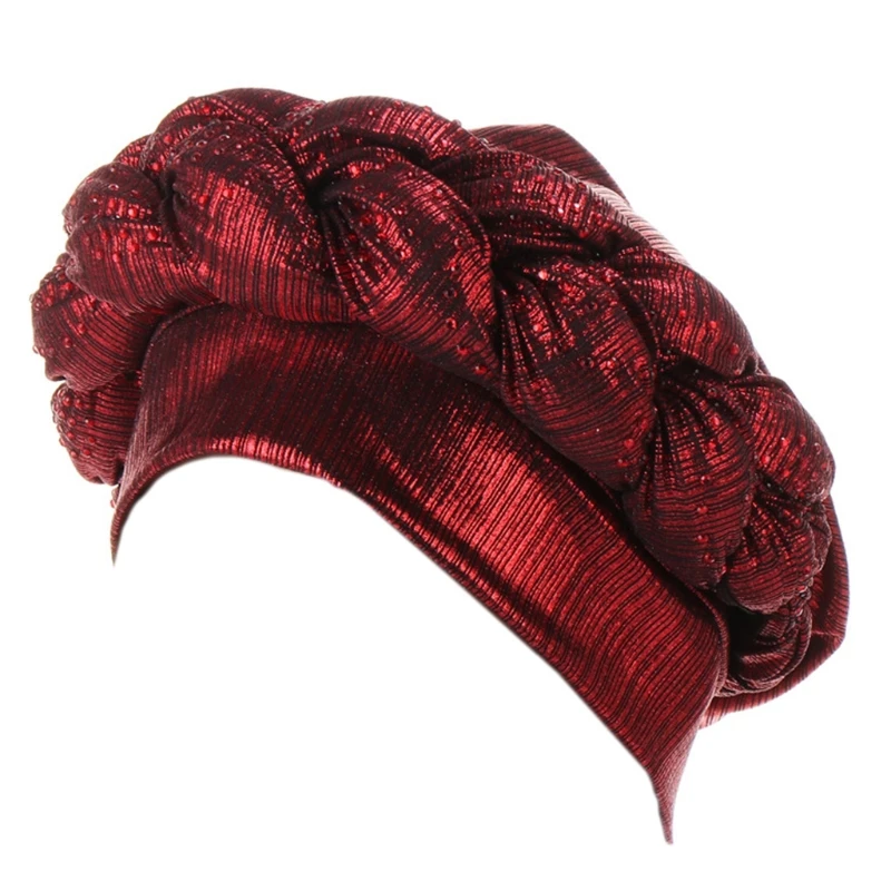 

Braid Turban Hat Bright Silky Wraps Flashing Head Wraps Rhinestones Beads Bonnet Cap Shiny Headwear for Women 066F