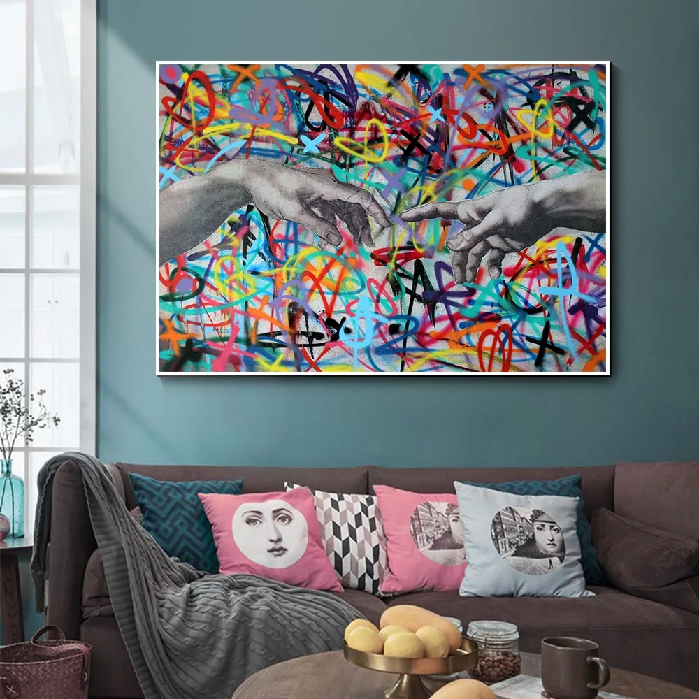 

Famous Oil Paintings Creation of Adam HD Print on Canvas Abstract Graffiti Street Artwork for Modern Home Living Room Decor