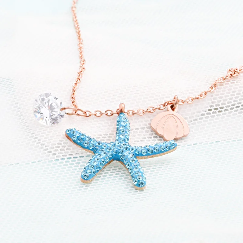

Fashion new starfish necklace titanium steel jewelry crystal pendant short clavicle chain hot sale