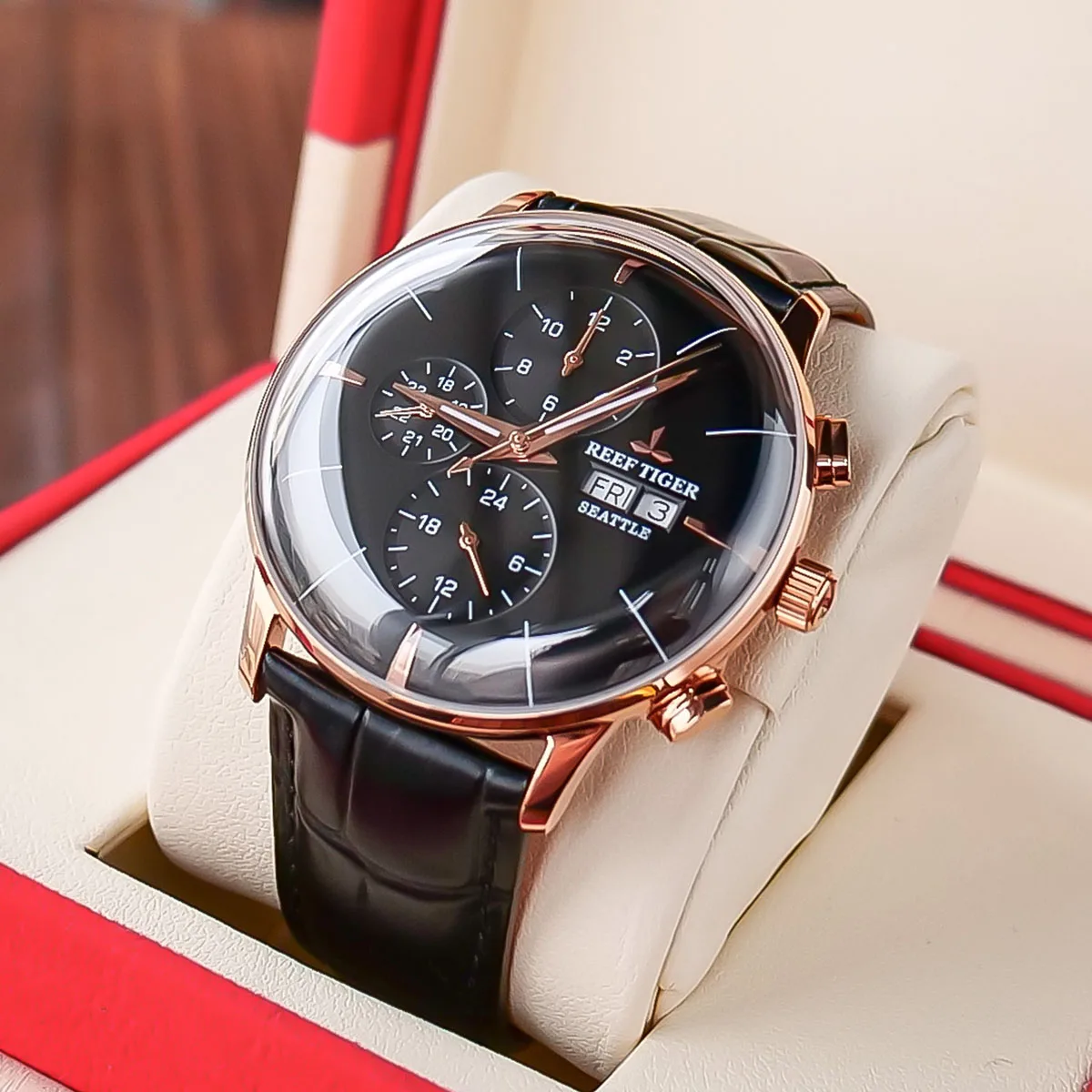 

Reef Tiger/RT Luxury Dress Watch Men Multi Function Genuine Leather Strap Rose Gold Business Automatic Watch Date Day RGA1699