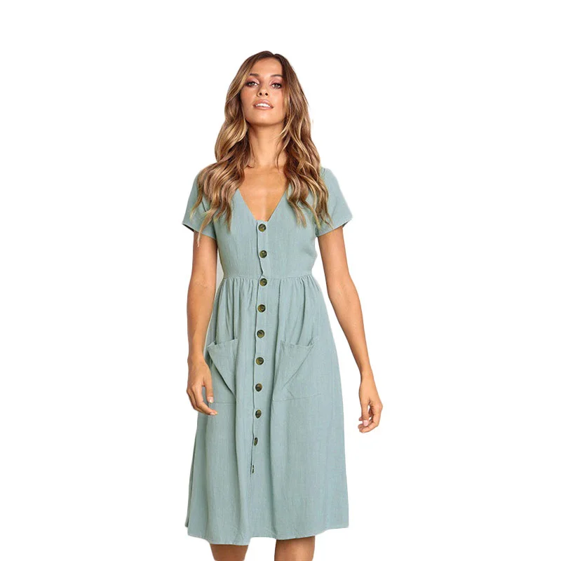 

Cotton Linen Women Summer Dress 2020 Casual V-neck Button Pocket Short Sleeve A-line Midi Dresses For Women Vestidos