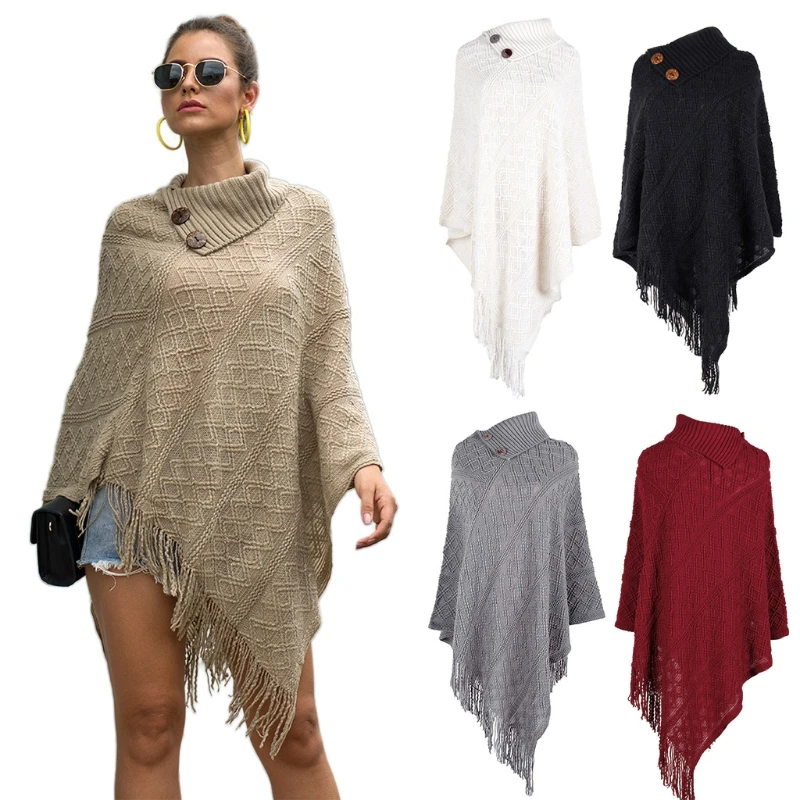 

Women Lapel Buttons Poncho Cape Solid Color Knitted Diamond Plaid Shawl Scarf Fringe Tassels Pullover Batwing Sweater