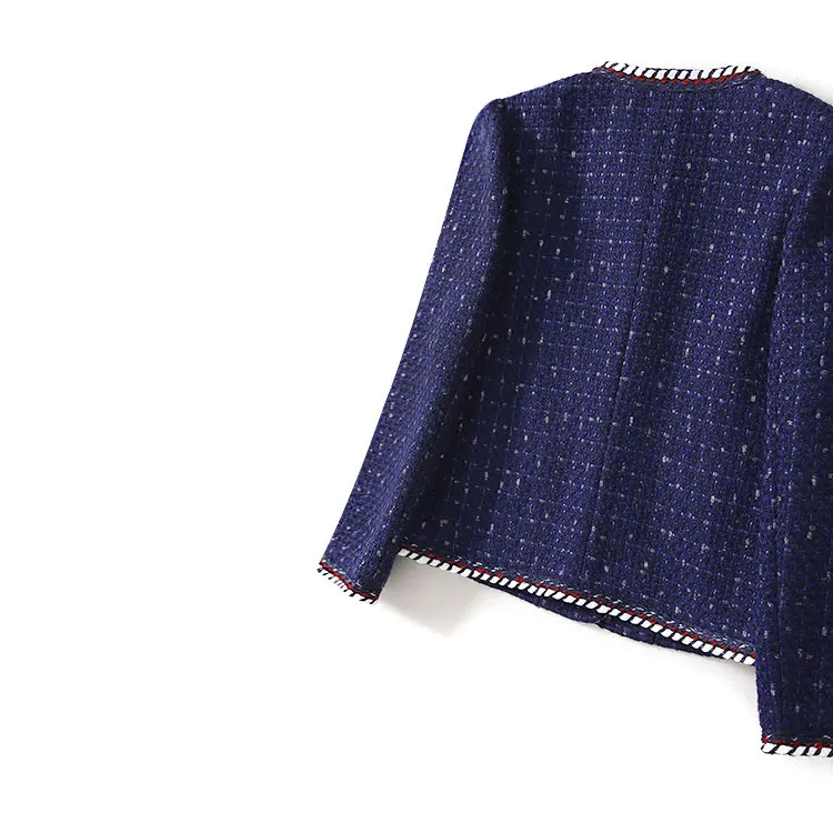 

Элегантный офисный женский твидовый костюм в стиле пэчворк, осень 2020, женские пальто с карманами, короткие куртки Королевского синего цвета