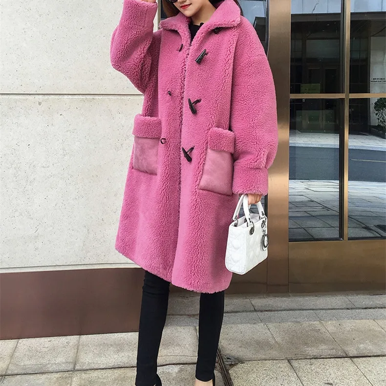 SY07 Fall winter women 30% real wool fur coat overcoat Horn buckle warm pocket sheep shearing girl fur coats lady long jacket - Цвет: pink