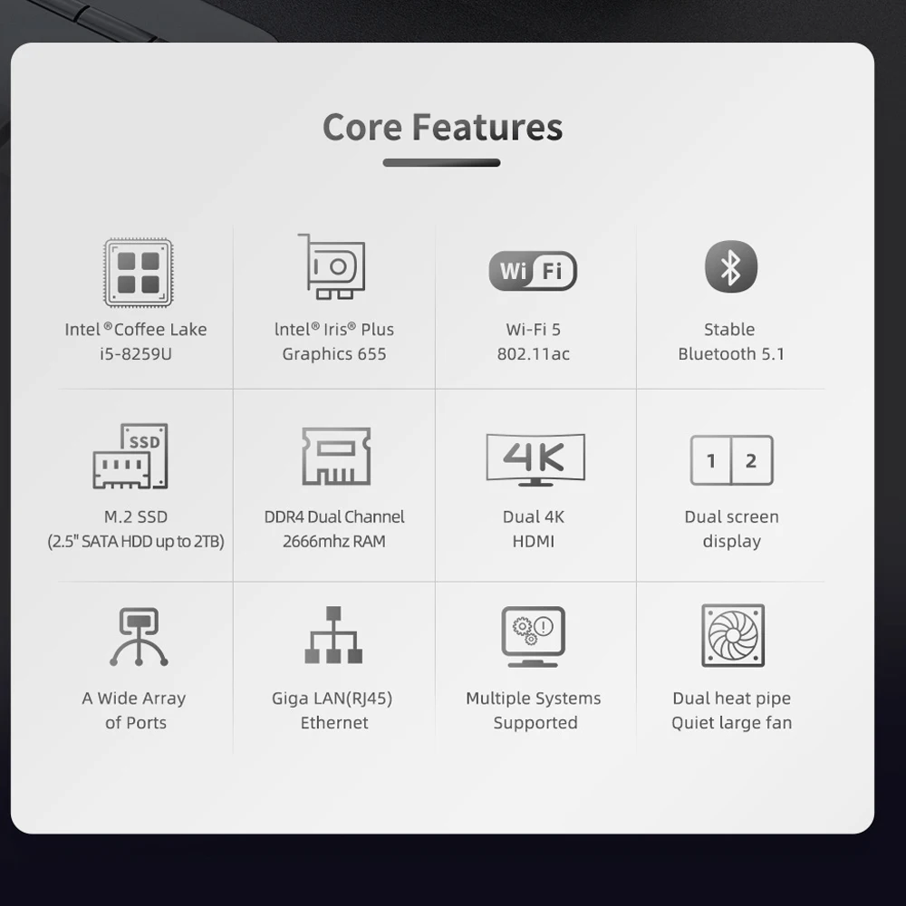 

NucBox2 Windows 10 Linux Mini PC Box Intel I5 8259U DDR4 8GB 256GB SSD USB-C Smart Computer Type-c B Bluetooth