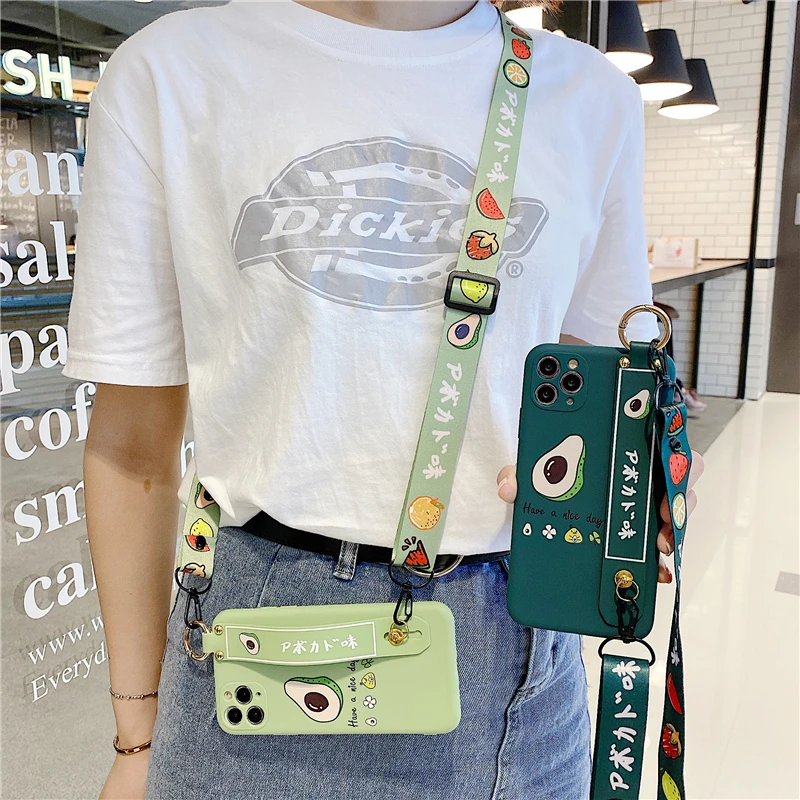 

Soft Silicone Phone Cover with With Lanyard & Holder for IPhone Cases for Iphone 11 12 13 X XS Max XR Cute Pattern Candy Color
