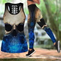 crazy skull combo outfit leggings and hollow out tank top suit sexy yoga fitness soft legging summer women for girl
