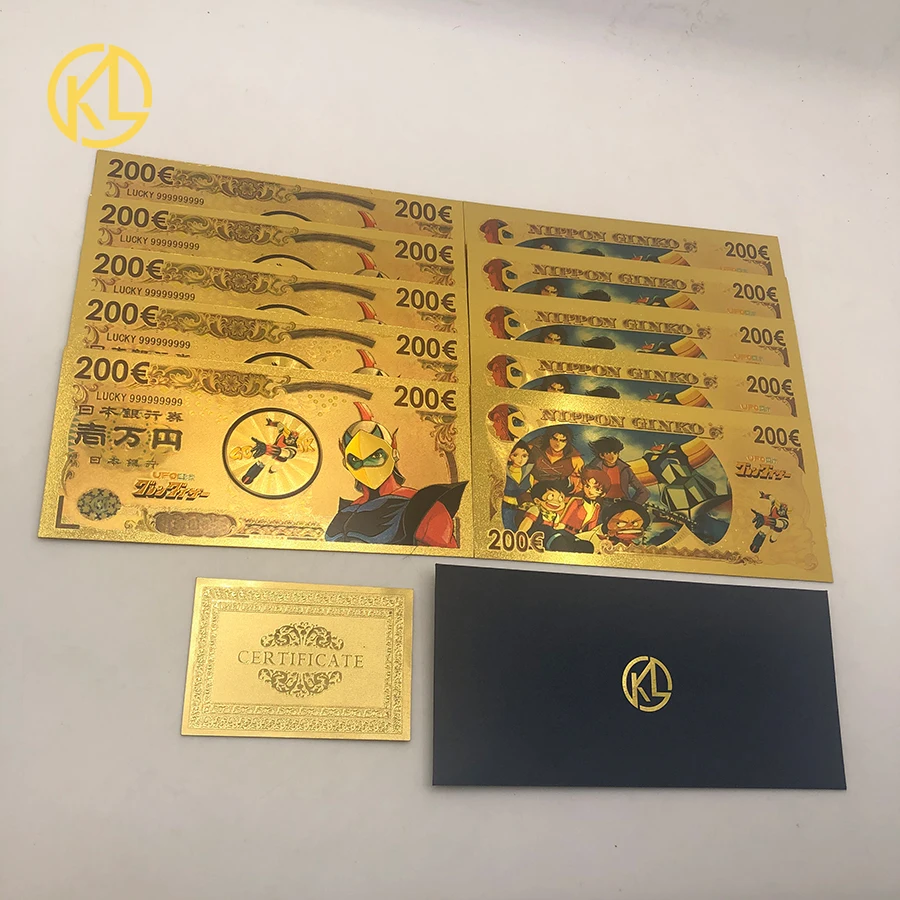 

10pcs/lot New UFO Robot Grendizer Goldorak Japanese Anime 200 Euro Gold Banknote Plastic cards for Collection and Gift