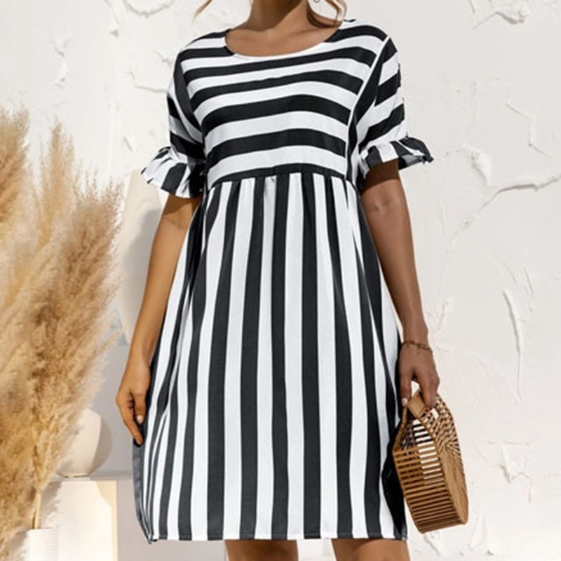 

2022 Ruffle Sleeve Striped Dress Loose Dresses Patchwork Summer Woman Casual High Waist For Women Fashion Beach Dress