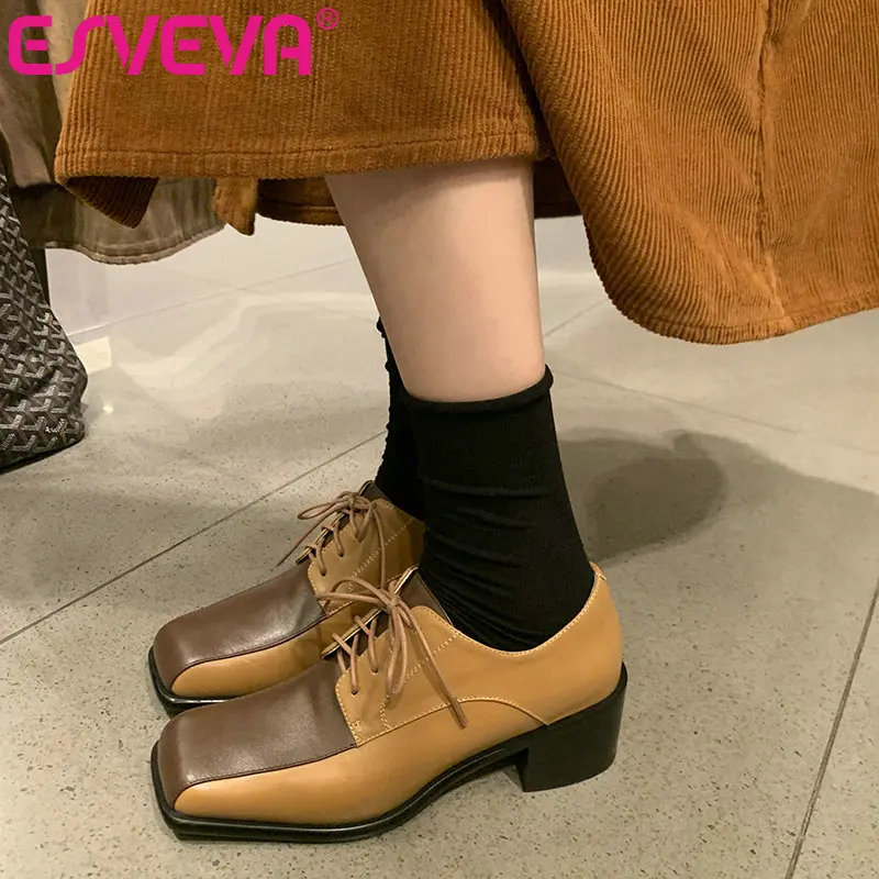 

ESVEVA 2021 Square Toe Lace Up Women Shoes Genuine Leather Shallow Ladies Shoes Spring Concise Square High Heels Size 34-39