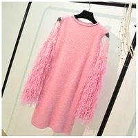 autumn and winter new hand crocheted mohair lantern sleeve knitting dress women lace fringed long sweater dresses