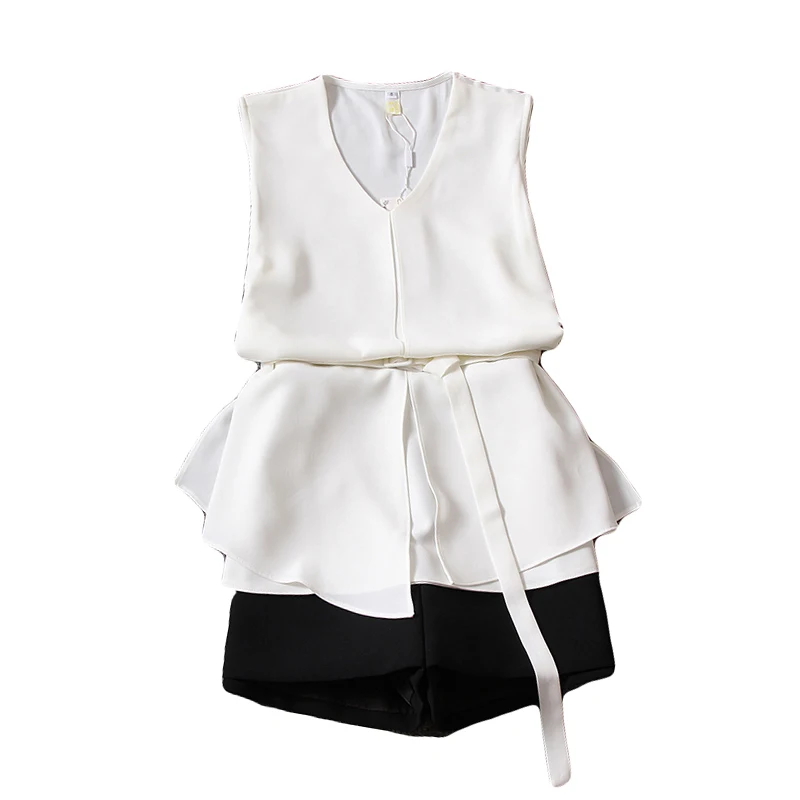 

2020 summer new two pieces women shorts sets chiffon ruffles solid sleeveless blouse and soild wide leg shorts office lady suits