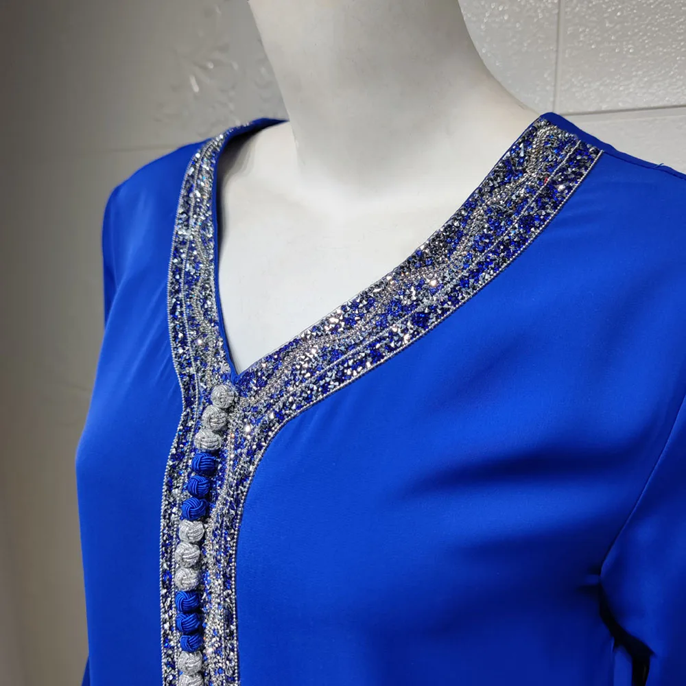 

New Summer Middle East Muslim Fashion Temperament Hot Drilling V-neck Long Sleeve Women's Dress Loose Casual Robe Dress