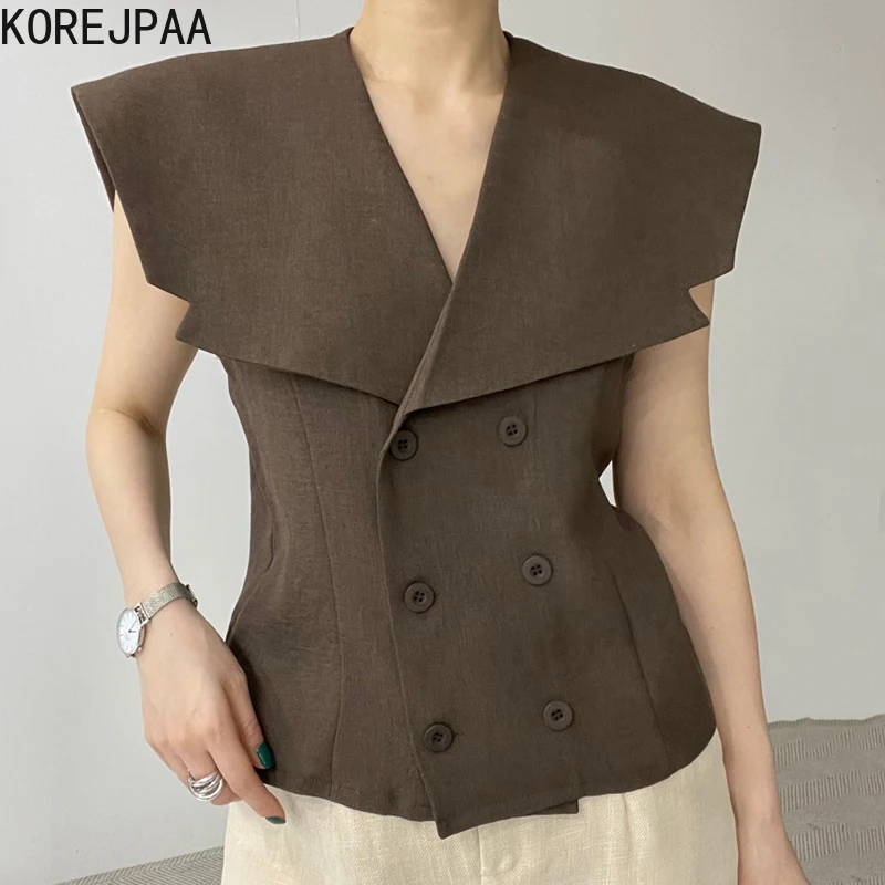

Женский жилет с большими лацканами, элегантный двубортный Приталенный жилет без рукавов в Корейском стиле ретро, корейская мода, лето 2021