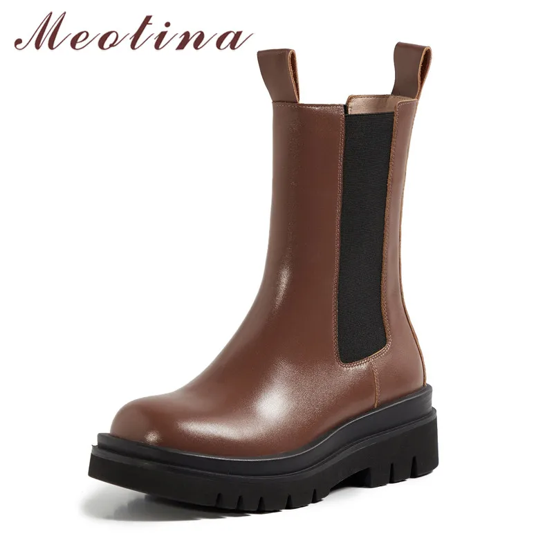 

Женские ботинки челси из натуральной кожи Meotina, коричневые ботинки на платформе и Высоком толстом каблуке, без застежки, до середины икры, 40