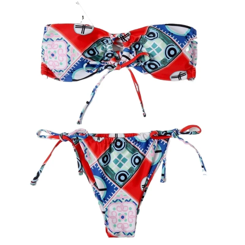 

2021 New Bikini 2 Piece Swimsuit Tube Top Tether Printed Double-Sided Fabric Swimwear Wire Free Polyester