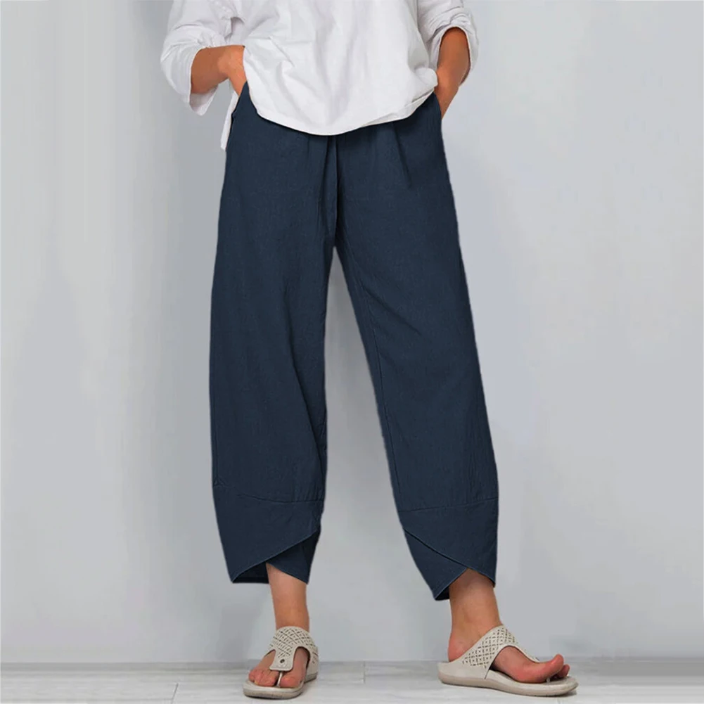 

Women Casual Harem Pants Solid Color Cotton Linen Wide Leg Trousers Summer Elastic Waist Plus Size Loose Comfortable Trousers