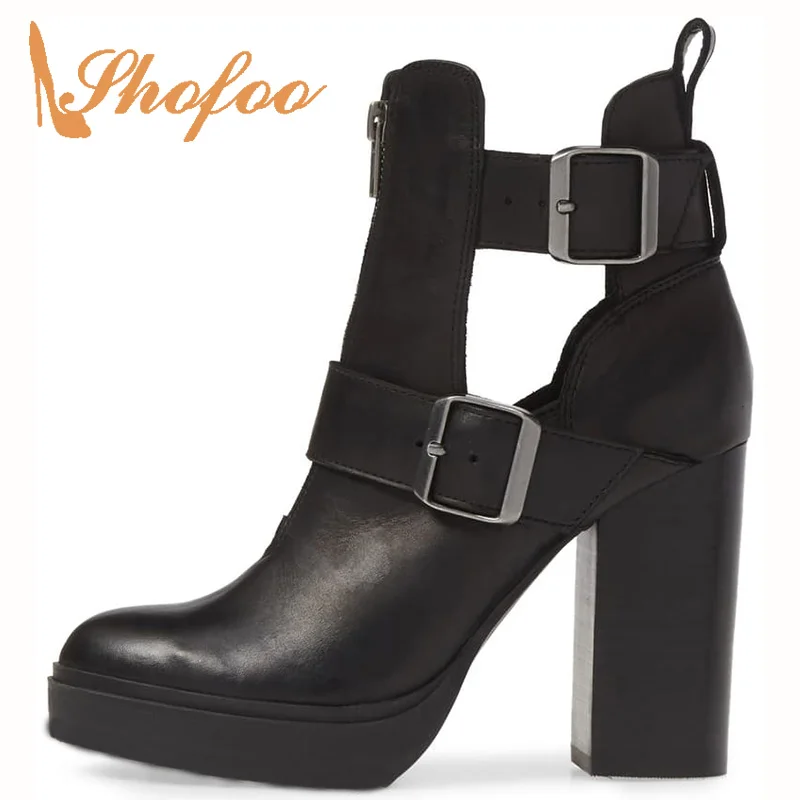 Черные ботильоны на платформе женские туфли очень высоком квадратном каблуке с