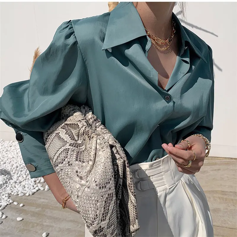 

Alien Kitty Fashion New Lantern Sleeves Women Office Lady Shirts Elegant Stylish Loose Female OL Casual Girl Brief Lapel Tops