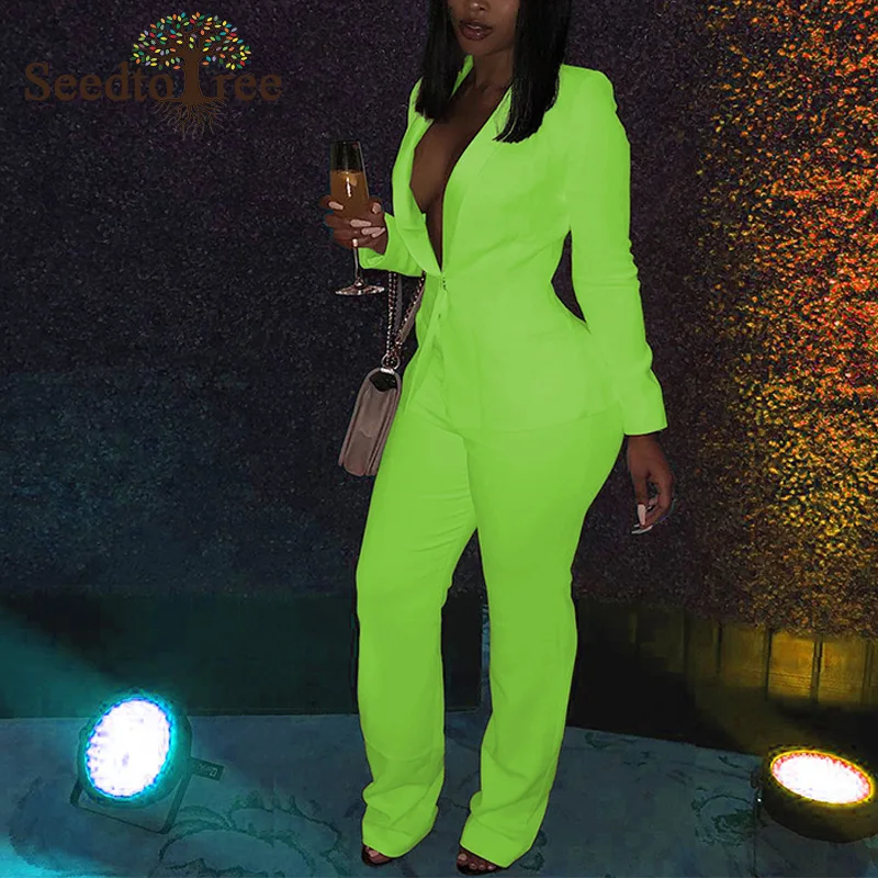 

Solid Long Sleeve Deep V Neck Turn Down Collar Blazer & Straight Slim Pants Set Women OL Two Piece Outfits