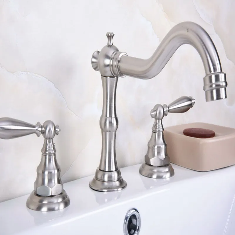 

Deck Mounted 3 Holes Bath Tub Mixer Tap Brushed Nickel Brass Widespread 2 Handles bathroom basin Faucet abn013