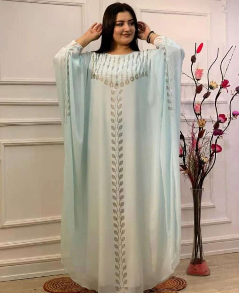 

New African Dashiki Women's Fashion Abaya Stylish Chiffon Fabrics Hot Drilling Loose Long Dress Free Size + Inside & Scarf
