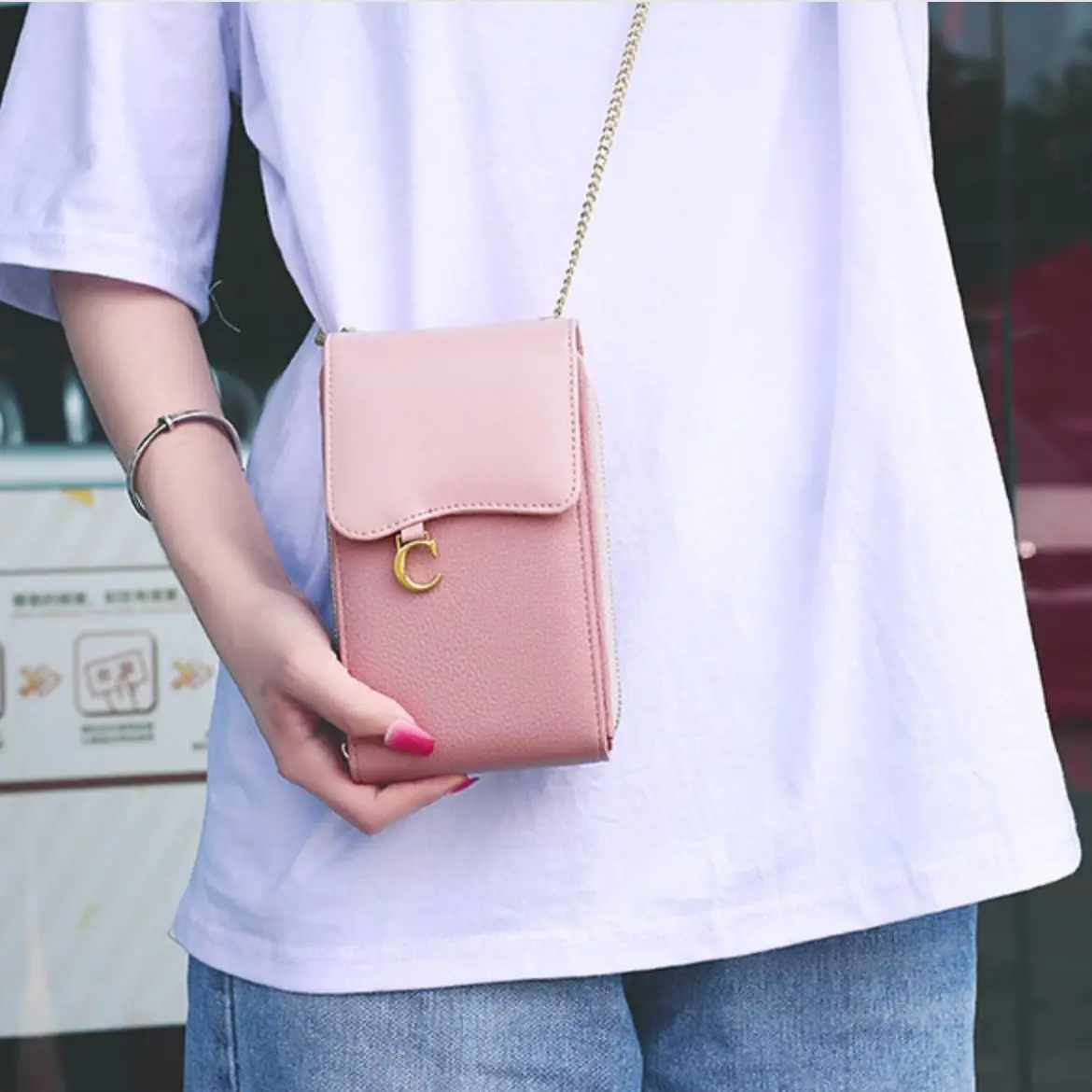 

Women Mini PU Chain Diagonal Mobile Wallet Korean Style Simple Fashion Vertical Solid Color All Match One Shoulder Diagonal Bag