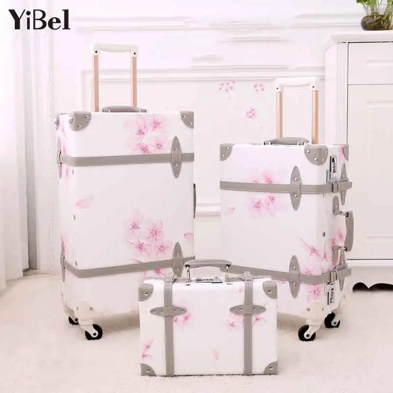 

Cherry Blossoms Retro Business Travelling Luggage Trolley Bag Set TSA Lock Cabin Handmade Retro Trolley Suitcase Carry on Luggag