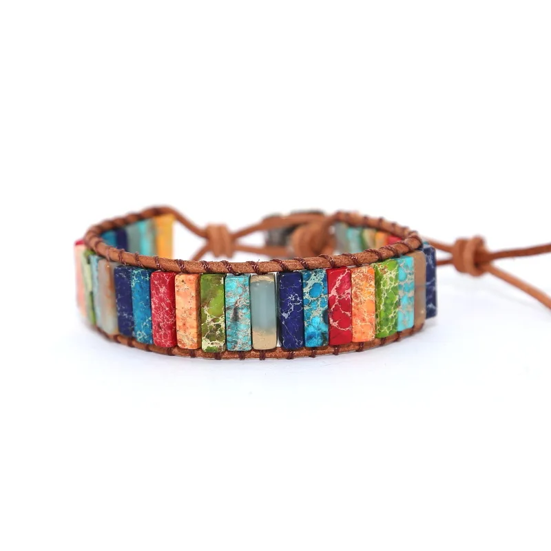 

Chakra Bracelet Jewelry Handmade Multi Color Natural Stone Tube Beads Leather Wrap Bracelet Couples Bracelets Gifts