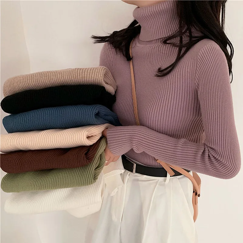 

Женский трикотажный свитер, однотонный пуловер с высоким воротником, эластичный, приталенный, осень 2020