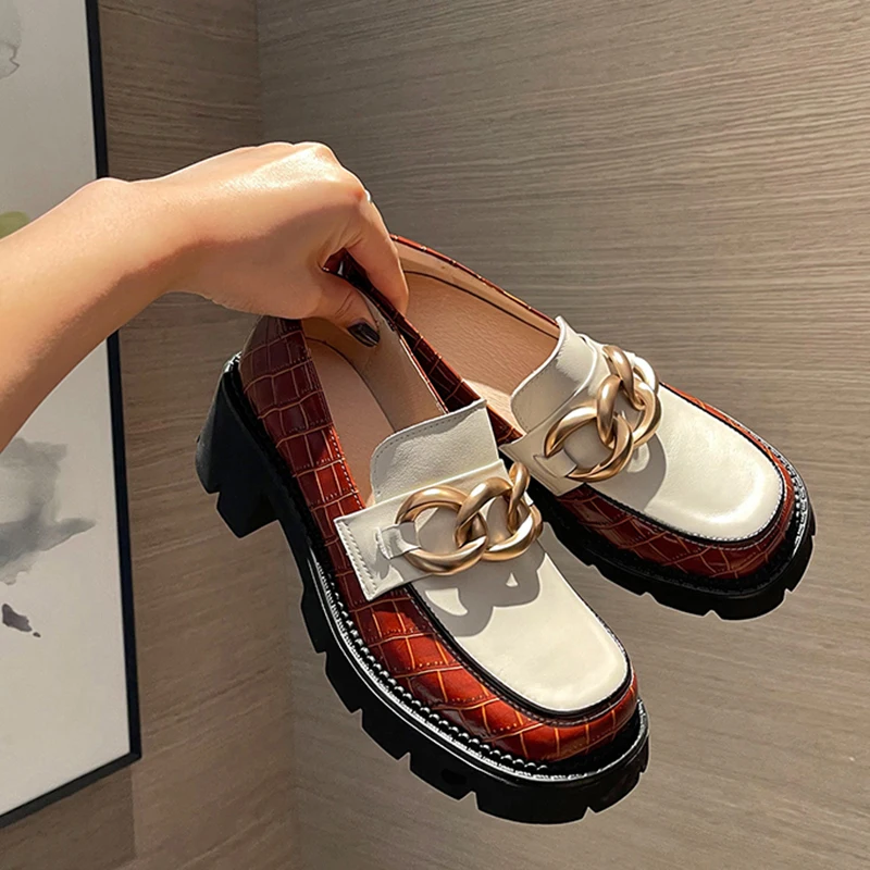 

Mix Color Chain Decoration Punk Shallow Shoes Woman Genuine Leather Chunky Heels Pumps Female Office Lady Basic Women Shoes