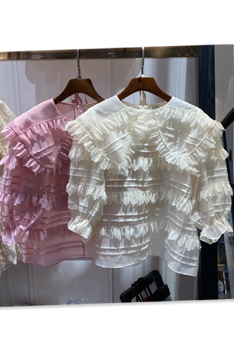 

Spring and Summer New Celebrity Temperament Lotus Leaf Collar Solid Color Pleated Loose Silk Cotton Shirt Two Piece Set