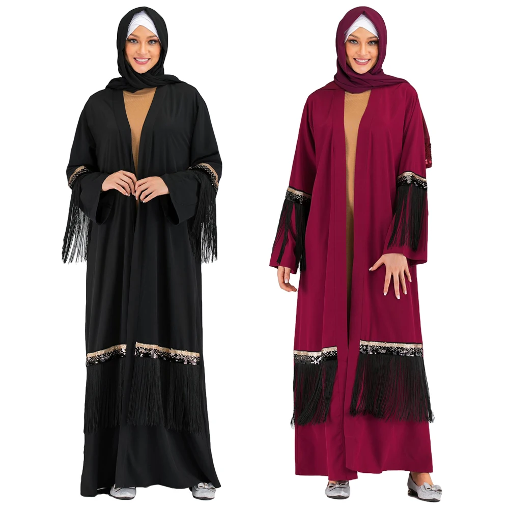 Женское кимоно, Макси-платье в мусульманском стиле с блестками и кисточками, длинный халат, вечерние коктейльные платья с длинным рукавом