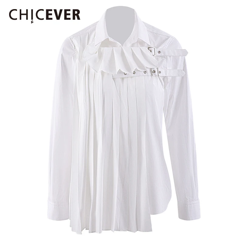 

CHICEVER, Свободный пуловер, черная рубашка для женщин, воротник с отворотом, длинный рукав, пэчворк, с рюшами, однотонные повседневные блузки, Ж...