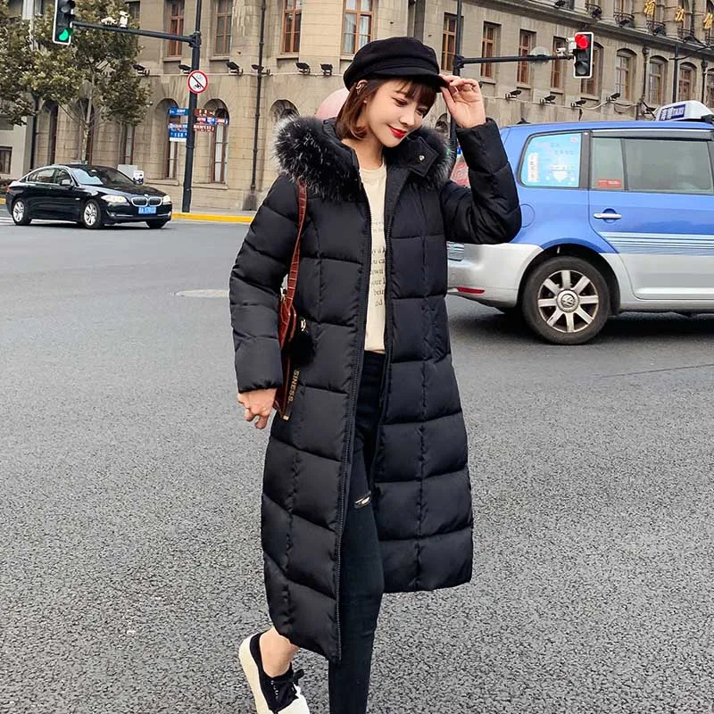 Меховая парка с капюшоном Casaco Feminino Женская куртка, пальто плюс размер зимняя куртка женская Повседневная пуховая хлопковая длинная стеганая парка - Цвет: Черный