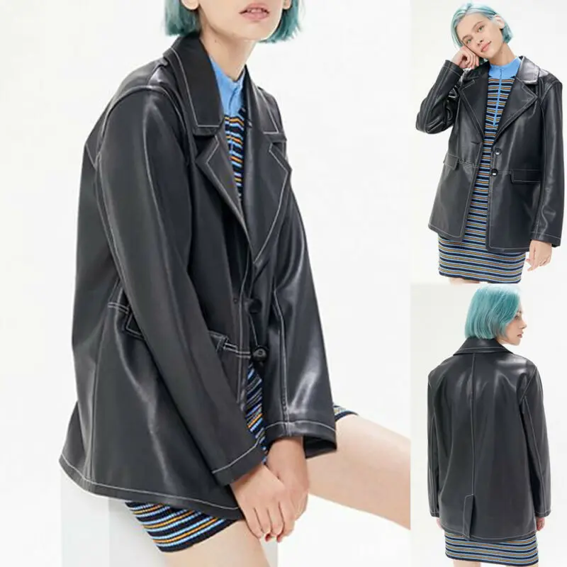 

Turn-down Collar Black Outwears Street Hipster Girl Classic Leather Jacket Womens Coat Lapel Faux Leather Bomber Jackets Coats