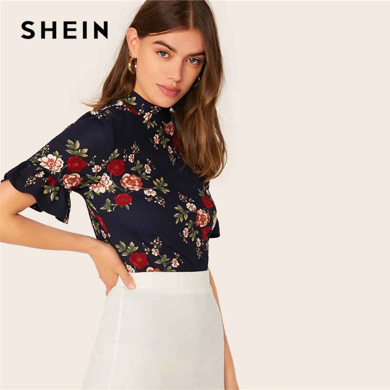 SHEIN abaya/темно-синяя гофрированная манжета с круглым вырезом, футболка с цветочным принтом, топ, женский летний рукав-Волан женские, облегающие элегантные футболки, топы