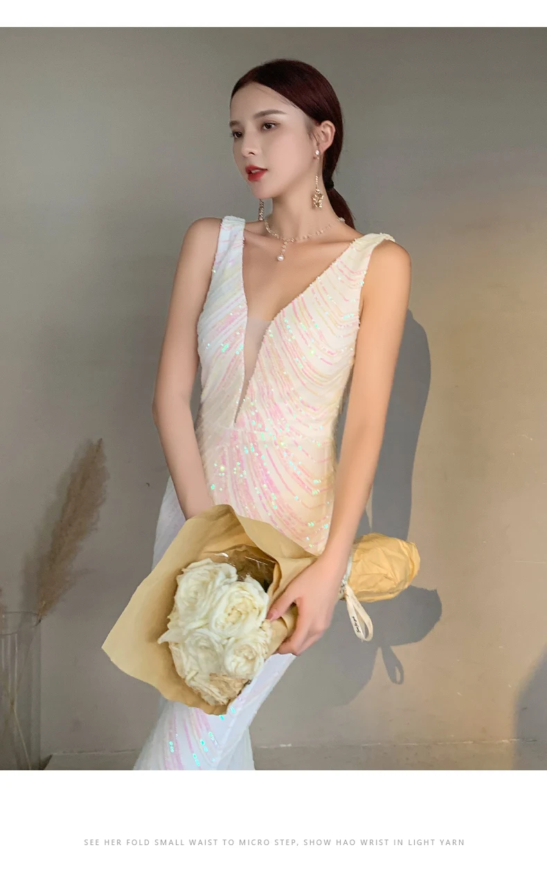 

Partysix New Summer Open back Sequin Long Evening Dress Party Etiquette CelebrationRobe Dress Sleeveless V-neck Robe Sexy Gowns