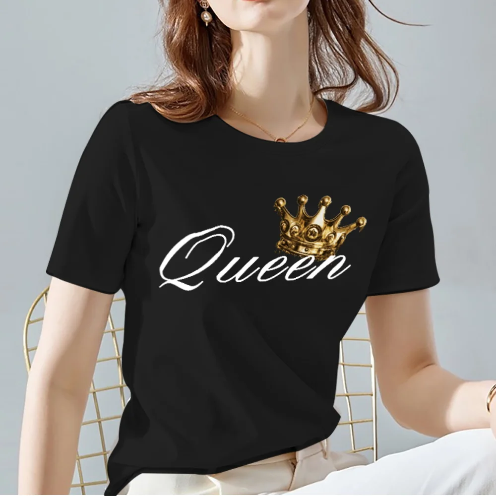 Women Tshirts Summer Queen Crown Pattern Print Female Tops Tee Casual Black and White Basis Ladies T-shirt Clothing | Женская одежда