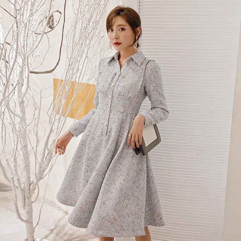 YIGELILA New Arrivals Blue Dress Turn Down Collar With Pockets Dress A-line Long Sleeves Mid-calf Office-lady Dress 65237