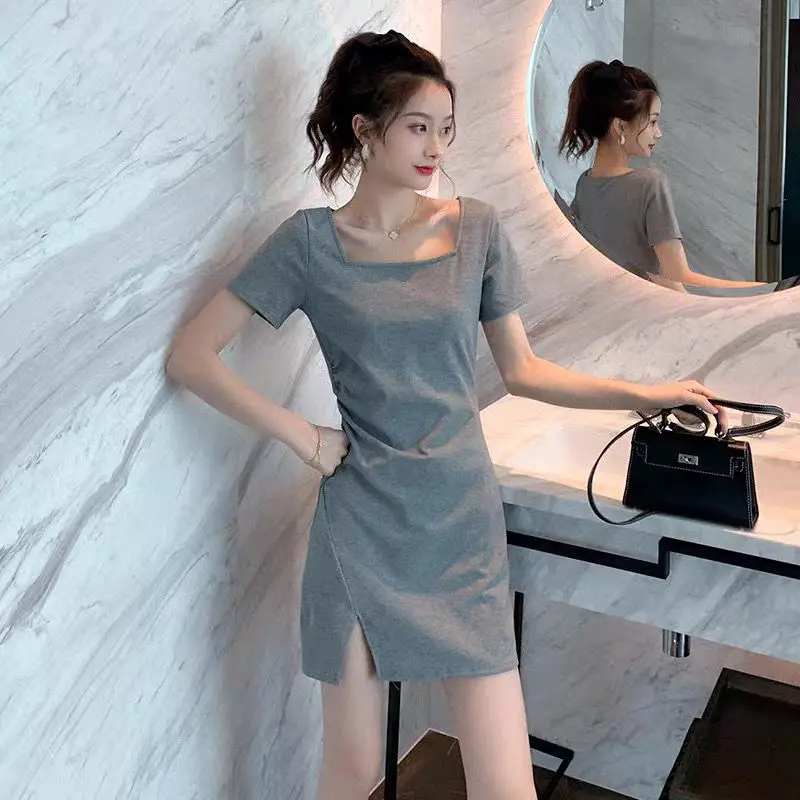 

2021 Summer New Short-sleeved Women's Dress Solid Color Slim-fitting Slit Waist Square Collar Female Simple Slim Short Dress