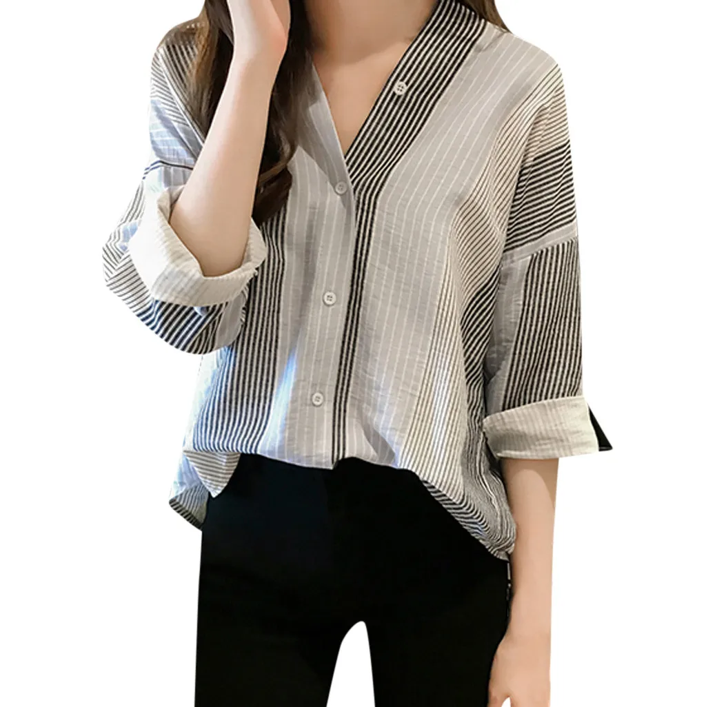 

Women Blouses Nice Fashion Long Sleeve V Neck Office Shirt Blouse Female Striped OL VogueTops Plus Size Blusas Femininas